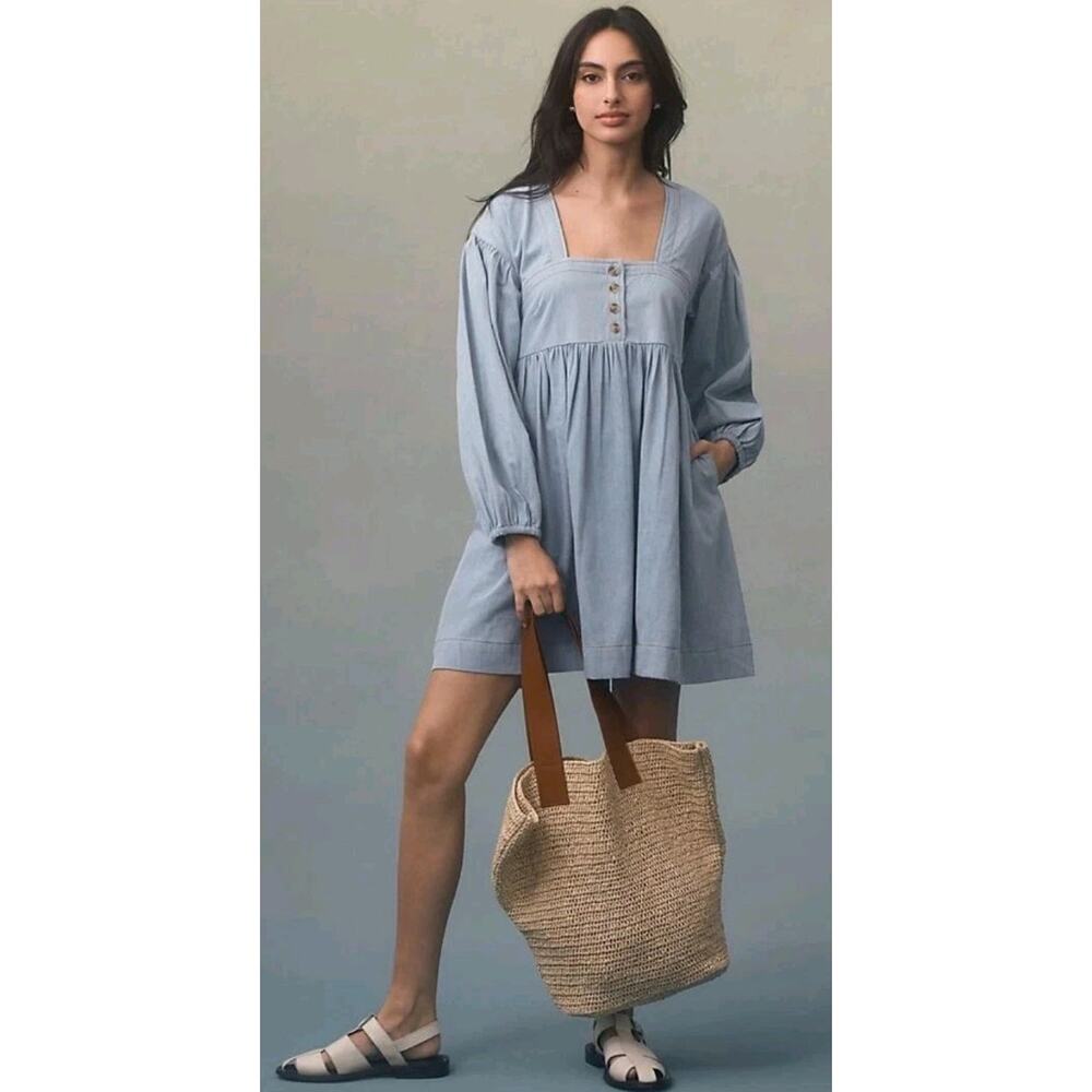 By Anthropologie Long-Sleeve Square-Neck Denim Babydoll Mini Dress size XS